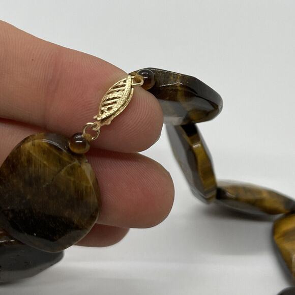 GSJ Signed 14k Gold Tigers Eye Necklace Chunk Stone Heavy Statement 18” Strand - Picture 8 of 9